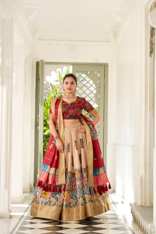 Cream Color Kalamkari Print With Weaving Border Dola Silk Lehenga Choli