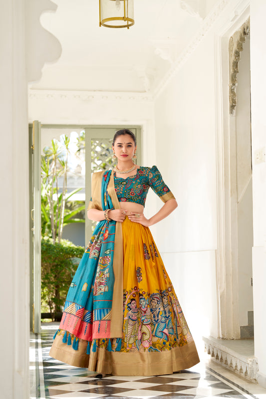 Yellow Color Kalamkari Print With Weaving Border Dola Silk Lehenga Choli