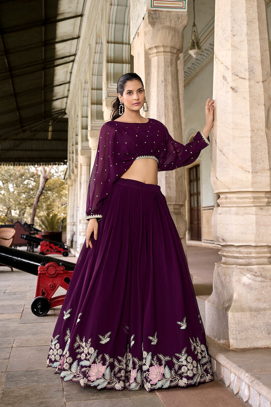 Wine Color Sequins And Thread Embroidery Work Georgette Co-ord Set Lehenga Choli