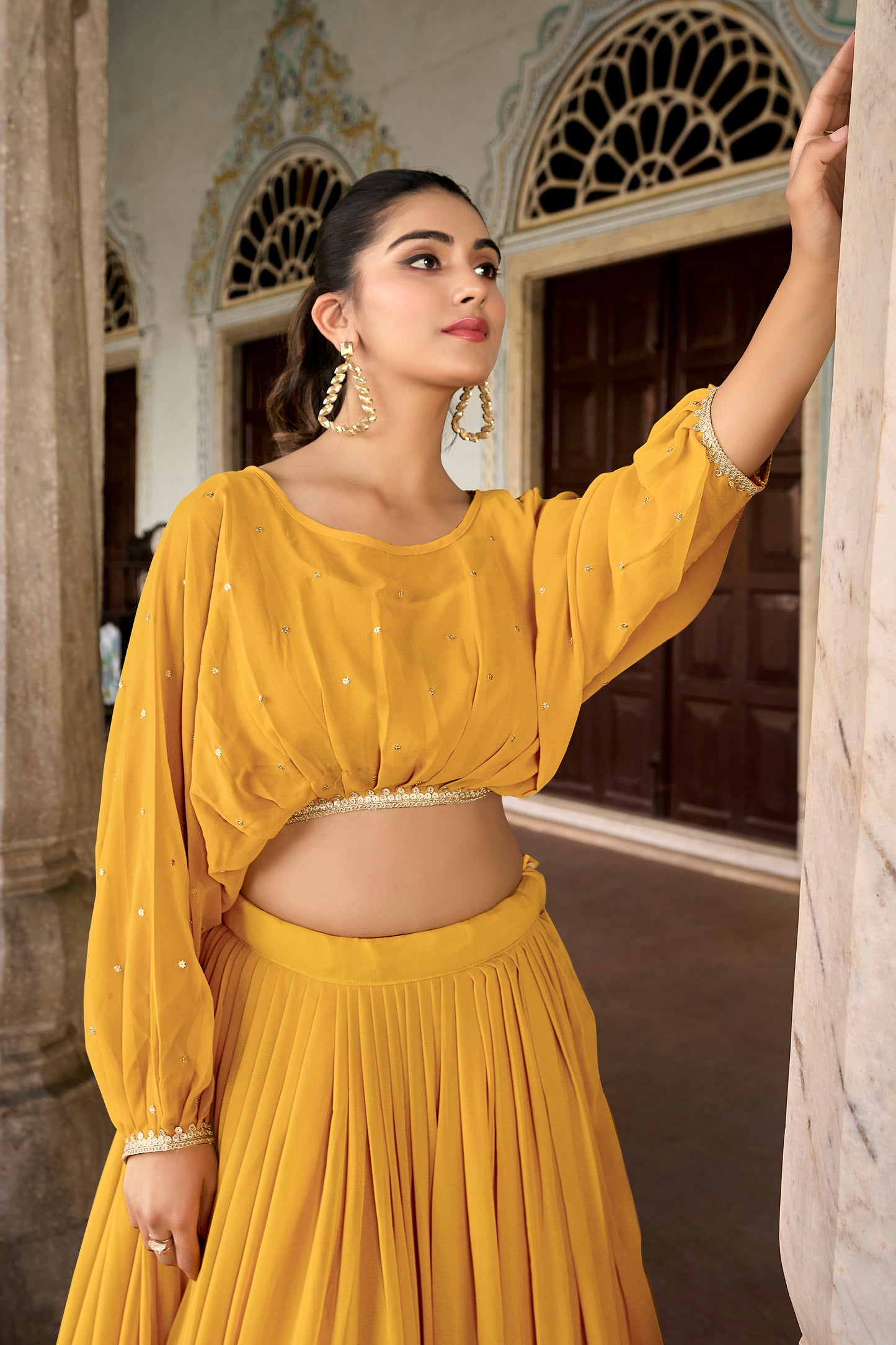 Yellow Color Sequins And Thread Embroidery Work Georgette Co-ord Set Lehenga Choli
