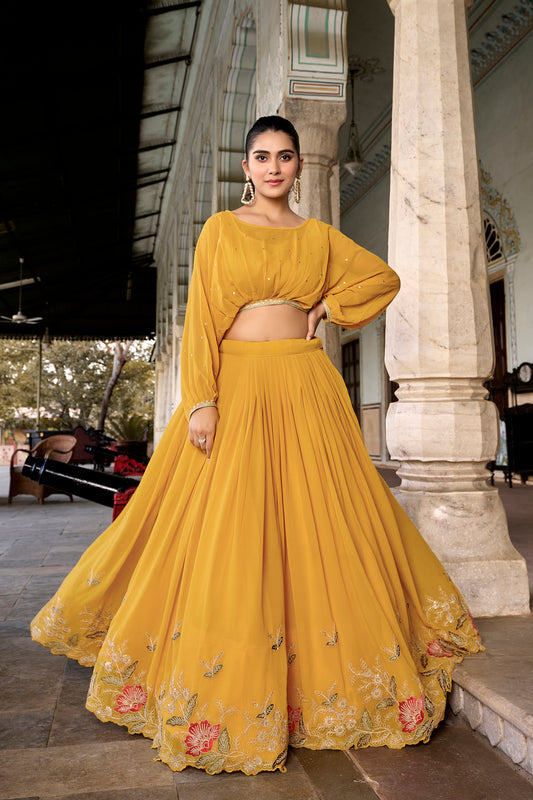 Yellow Color Sequins And Thread Embroidery Work Georgette Co-ord Set Lehenga Choli