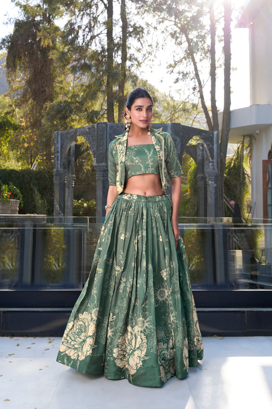 Bottle Green Floral Print Tussar Silk Co-ord Set lehenga Choli