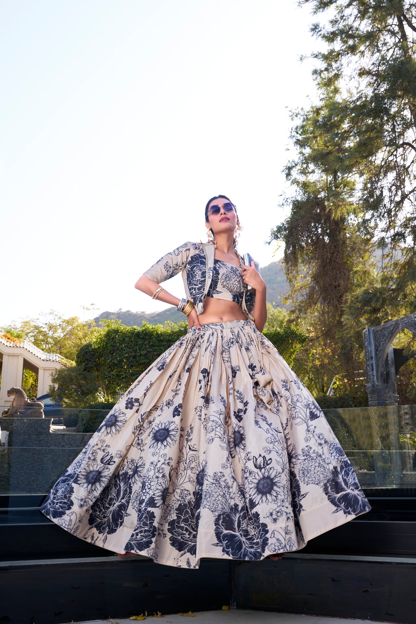 Cream Floral Print Tussar Silk Co-ord Set lehenga Choli