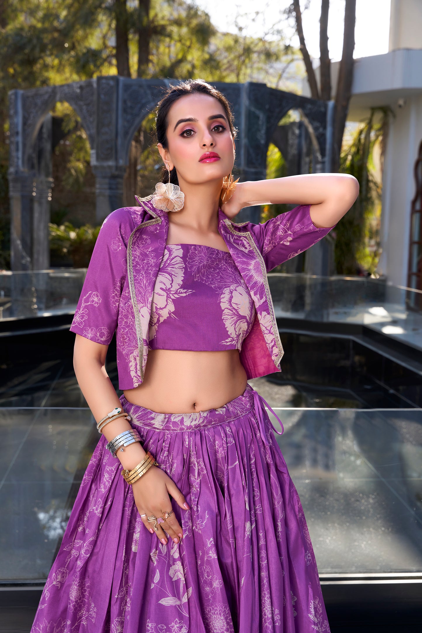 Purple Floral Print Tussar Silk Co-ord Set lehenga Choli
