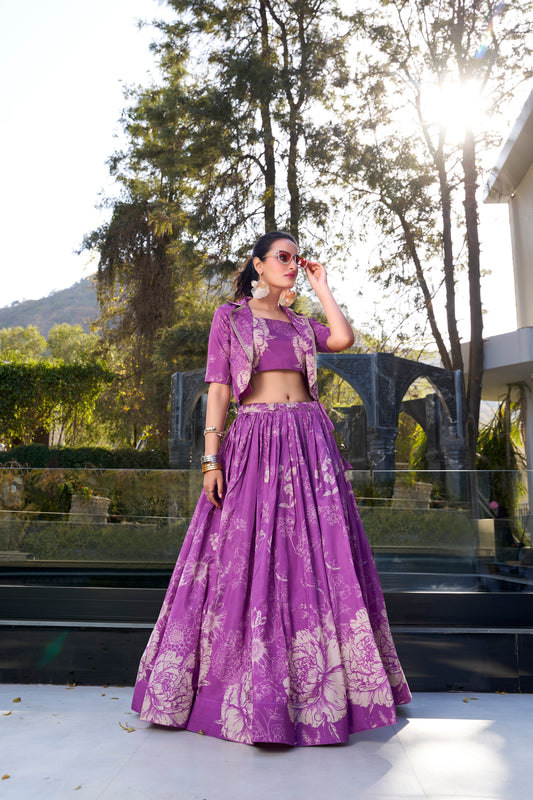 Purple Floral Print Tussar Silk Co-ord Set lehenga Choli