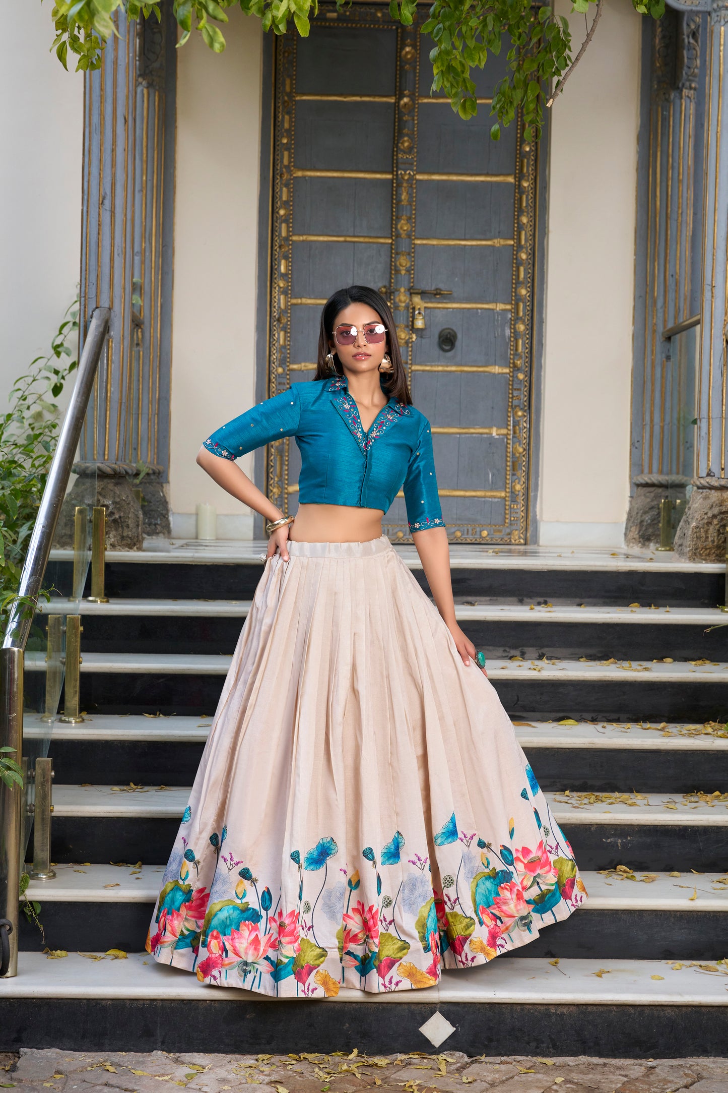 Off White Color Floral Printed Tussar Silk Co-ord Set Lehenga Choli