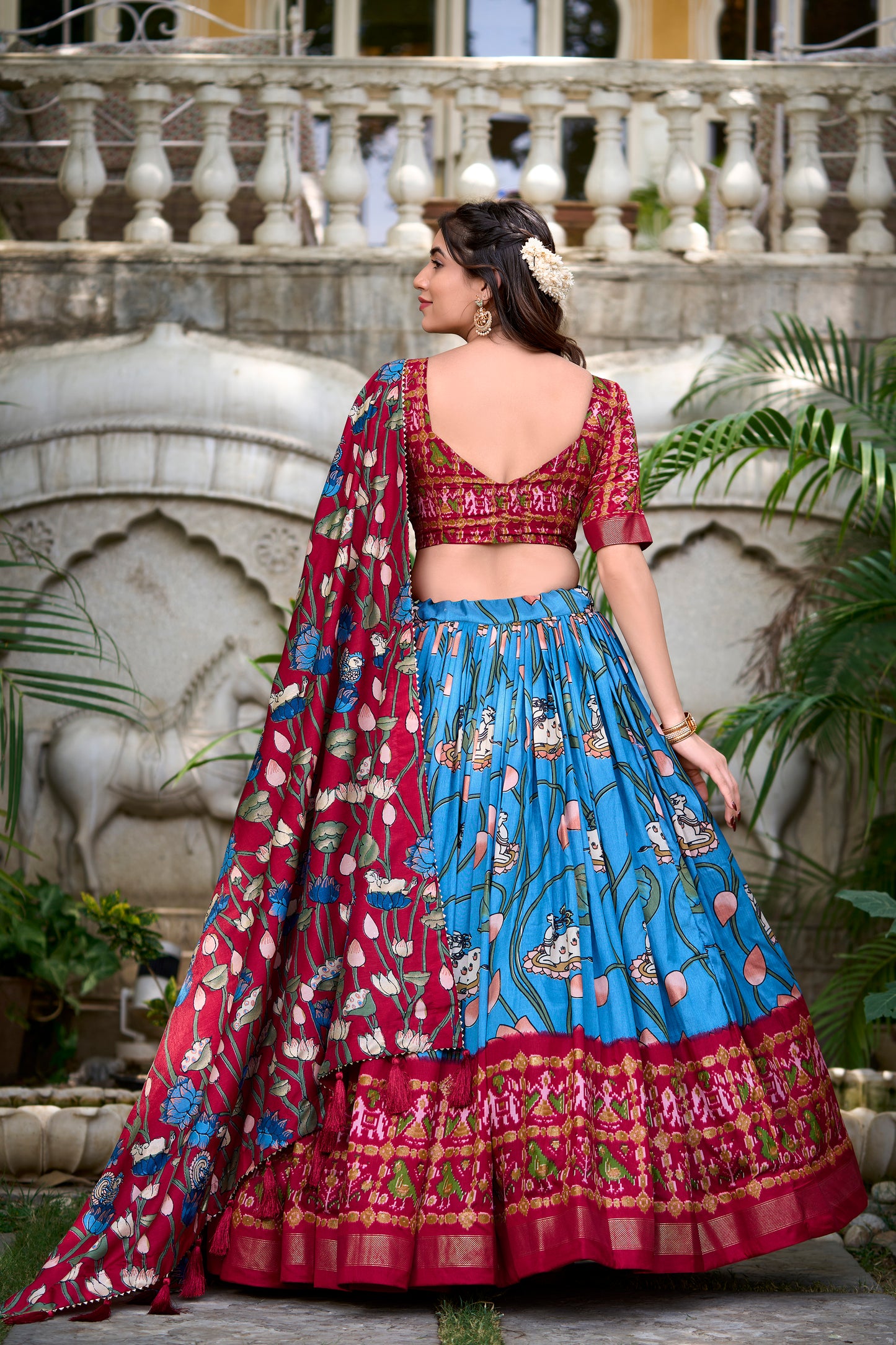 Firozi Color Pichwai With Patola Print And Zari Weaving Border Tussar Silk Voni Lehenga Choli