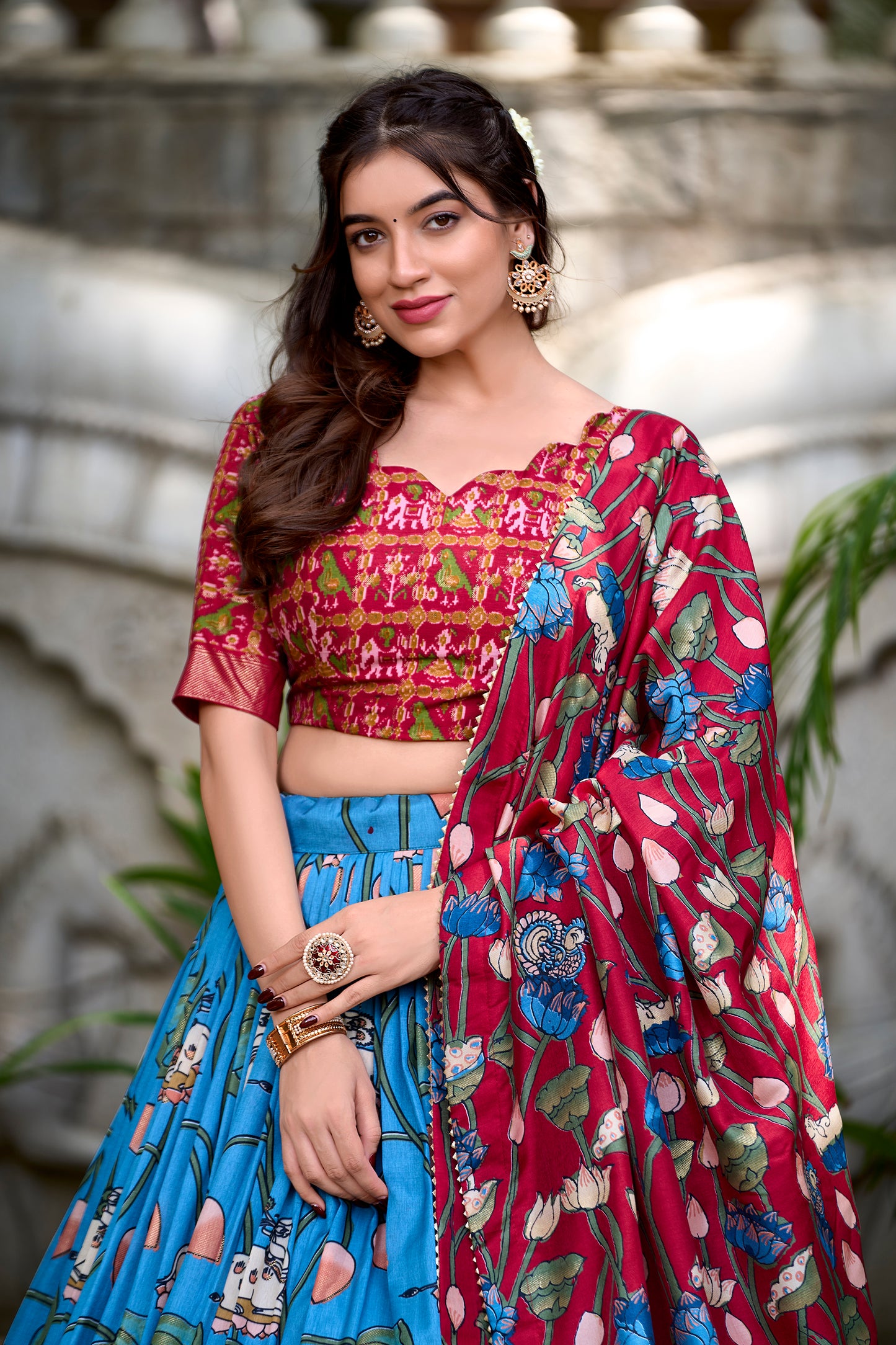 Firozi Color Pichwai With Patola Print And Zari Weaving Border Tussar Silk Voni Lehenga Choli