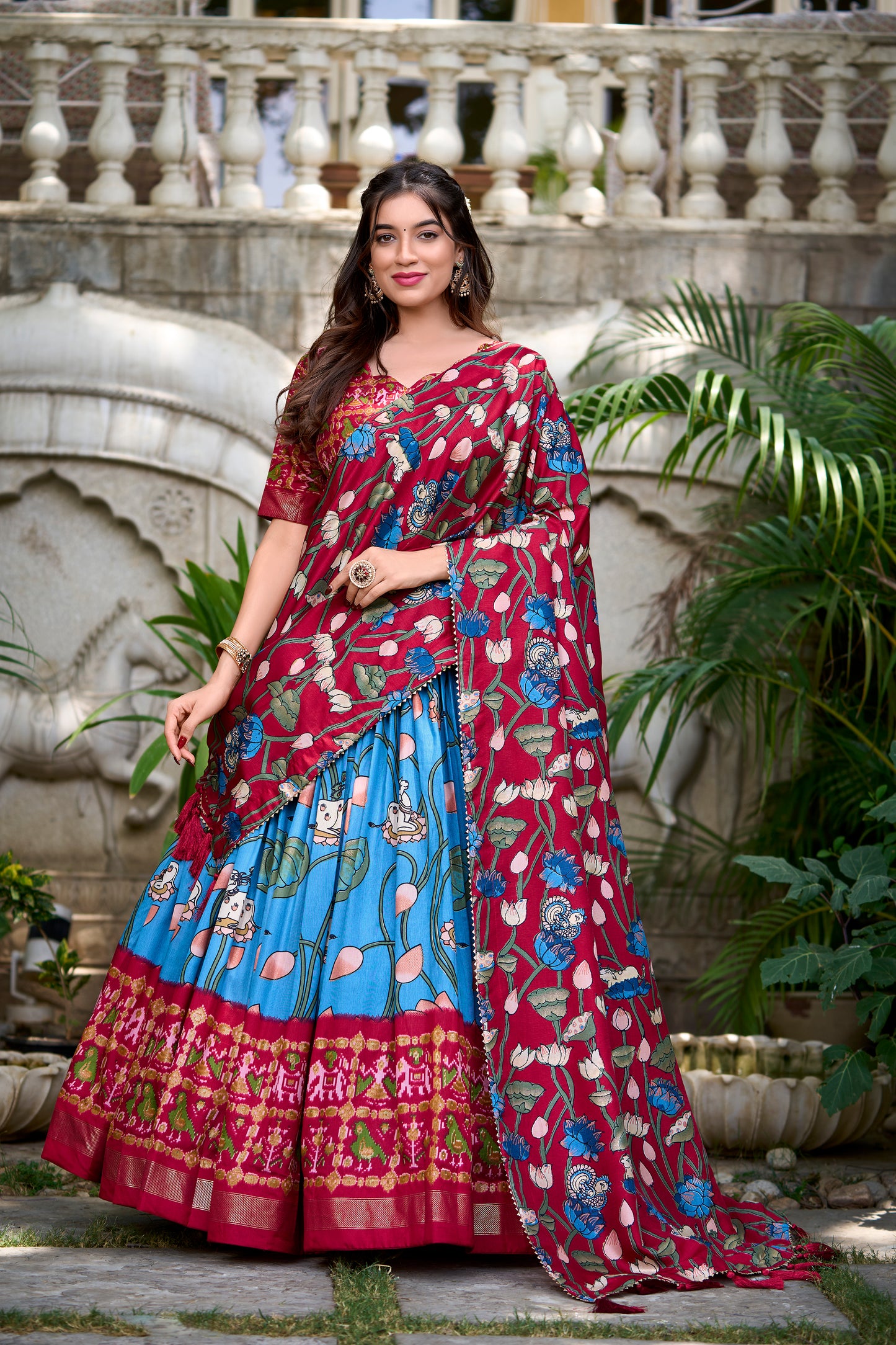 Firozi Color Pichwai With Patola Print And Zari Weaving Border Tussar Silk Voni Lehenga Choli