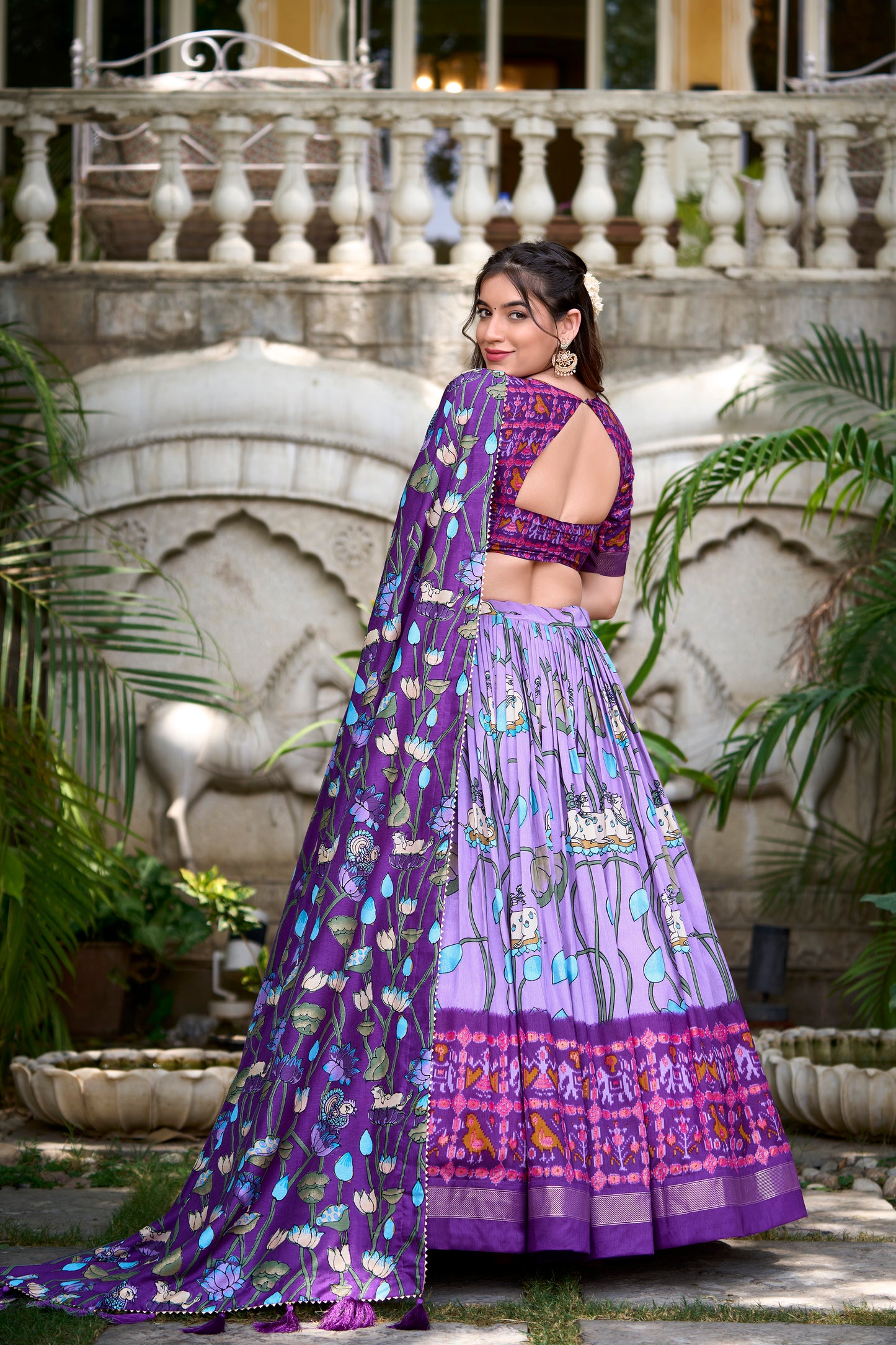 Lavender Color Pichwai With Patola Print And Zari Weaving Border Tussar Silk Lehenga Choli