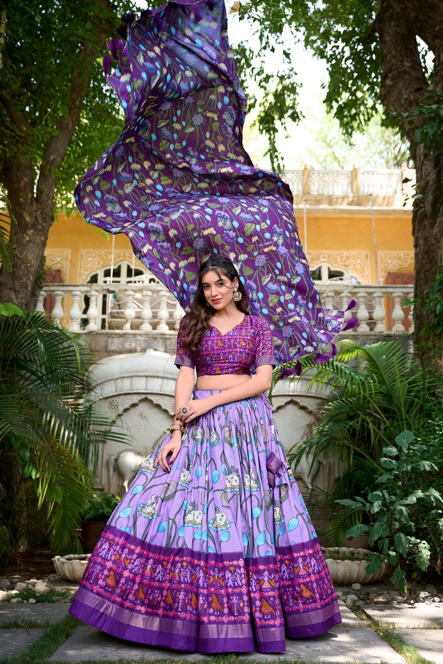 Lavender Color Pichwai With Patola Print And Zari Weaving Border Tussar Silk Lehenga Choli