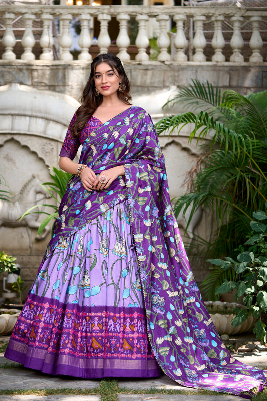 Lavender Color Pichwai With Patola Print And Zari Weaving Border Tussar Silk Lehenga Choli