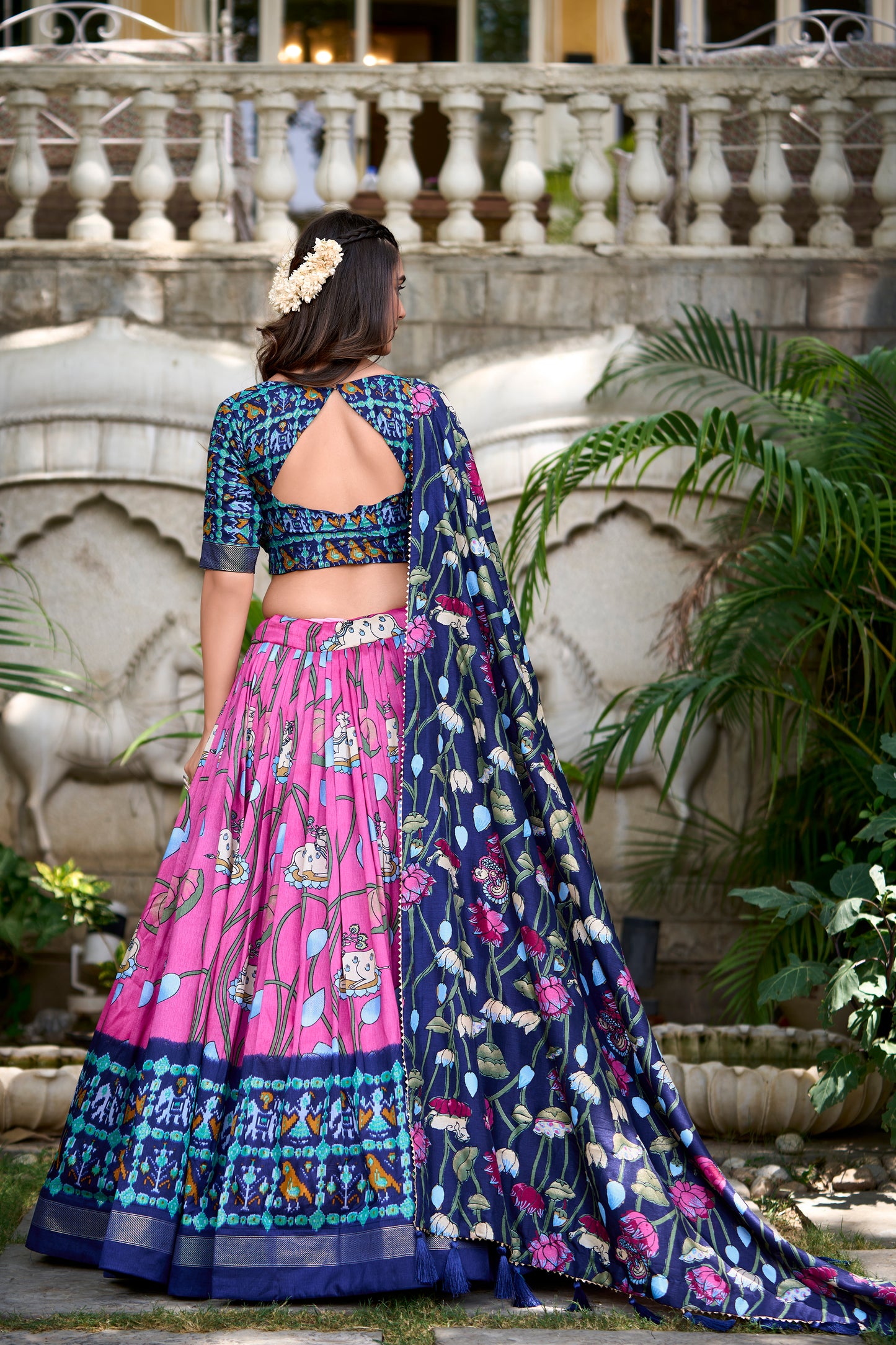 Pink Color Pichwai With Patola Print And Zari Weaving Border Tussar Silk South Lehenga Choli