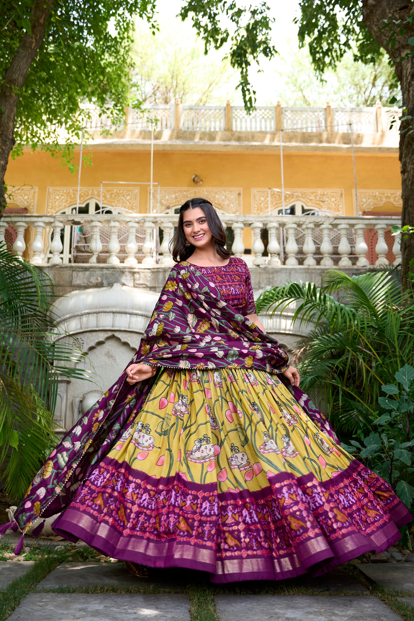 Yellow Color Pichwai With Patola Print And Zari Weaving Border Tussar Silk Pattu Lehenga Choli