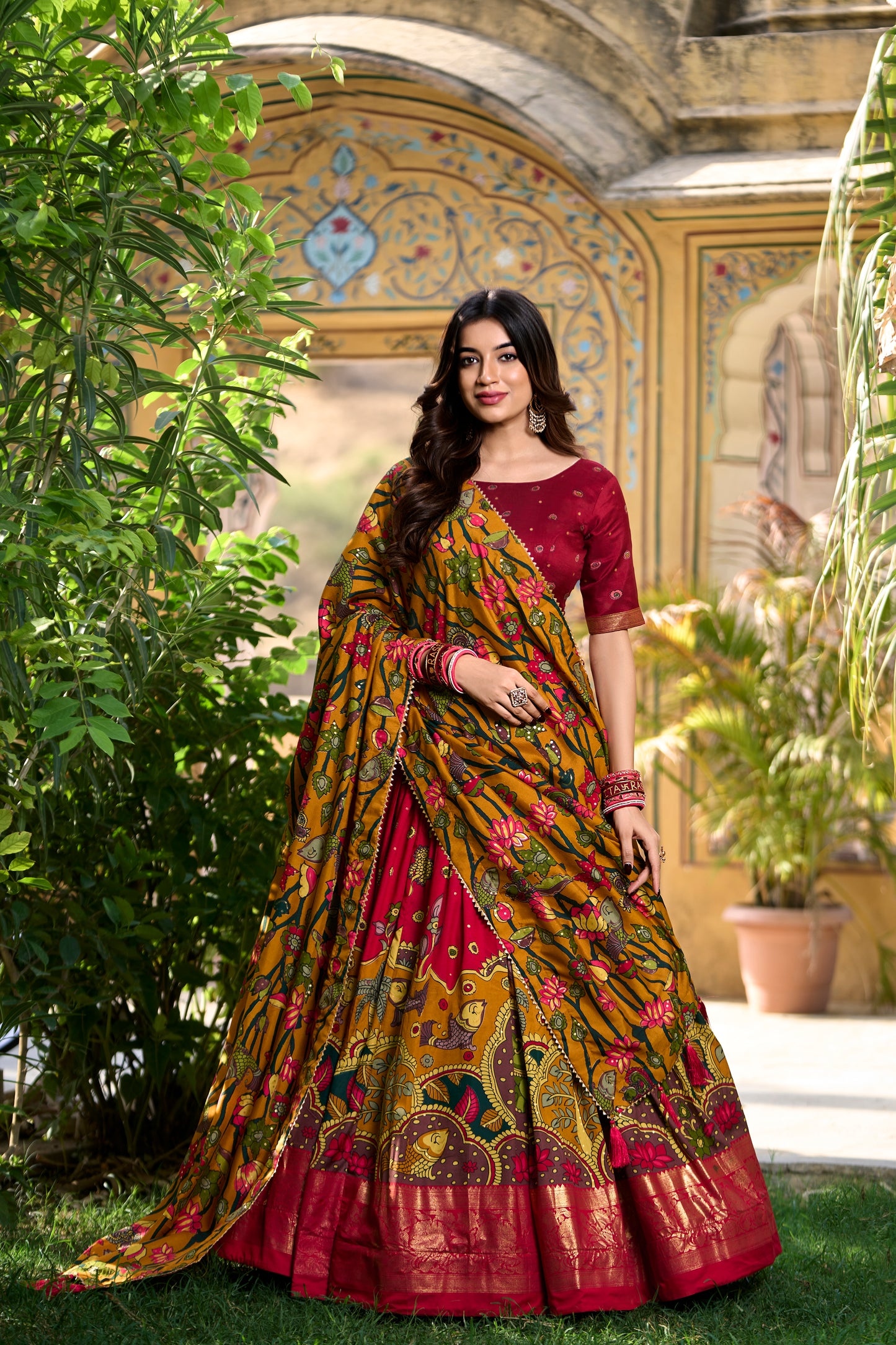 Red Color Kalamkari Print With Foil Work Tussar Silk Lehenga Choli