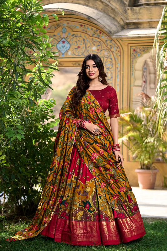 Red Color Kalamkari Print With Foil Work Tussar Silk Lehenga Choli