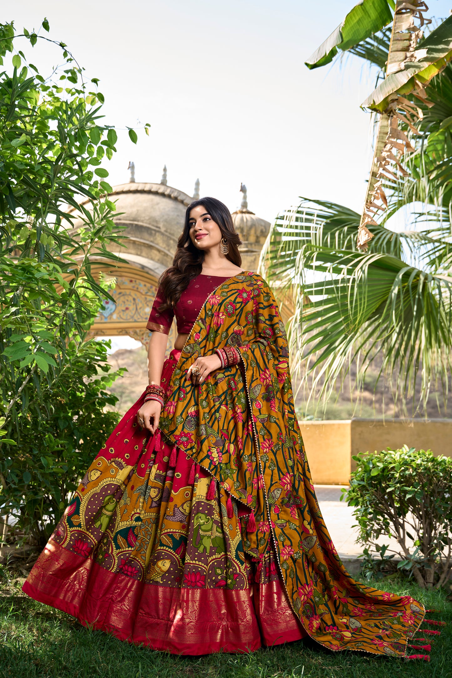 Red Color Kalamkari Print With Foil Work Tussar Silk Lehenga Choli