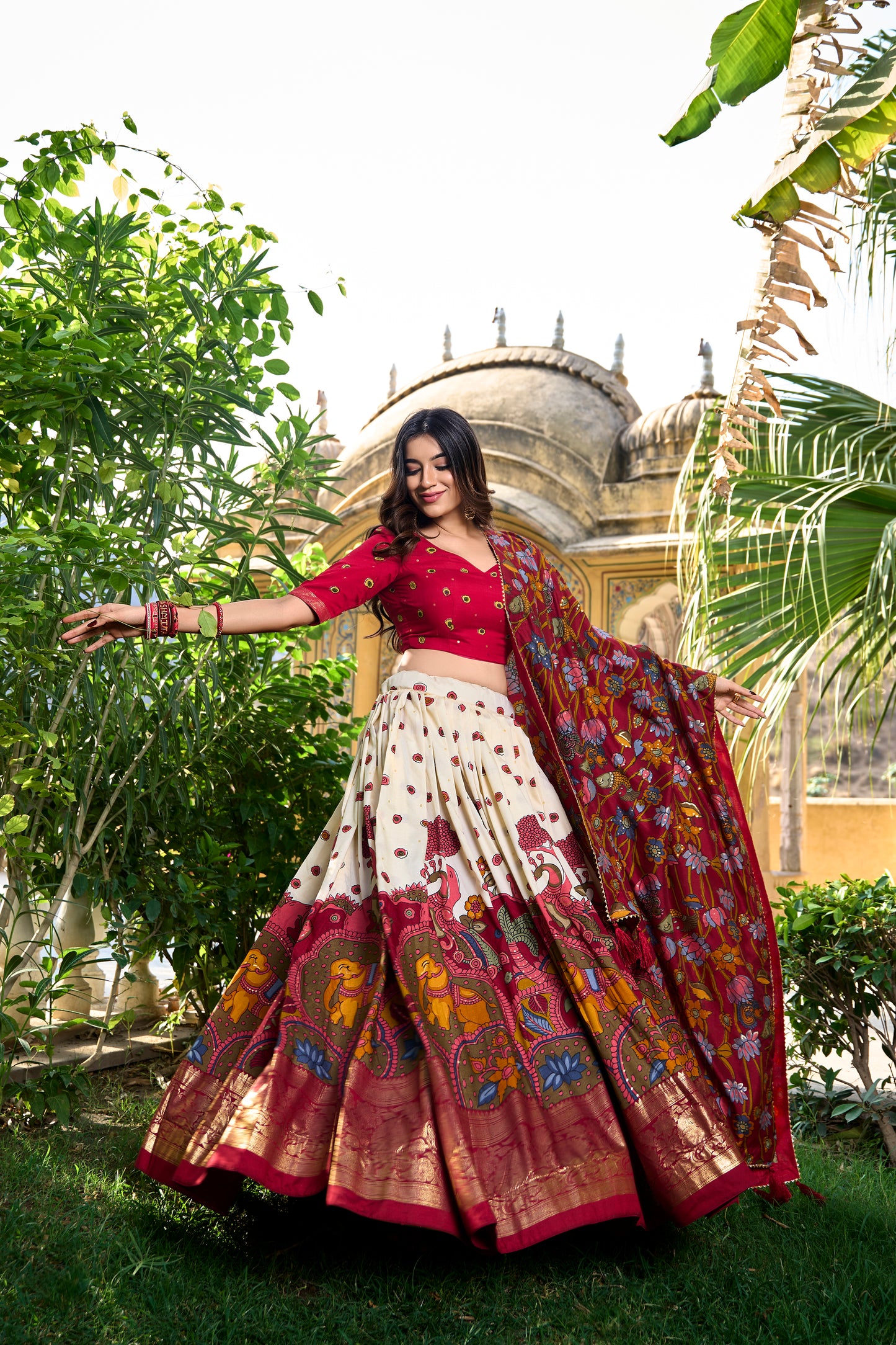 Off White Color Kalamkari Print With Foil Work Tussar Silk Lehenga Choli