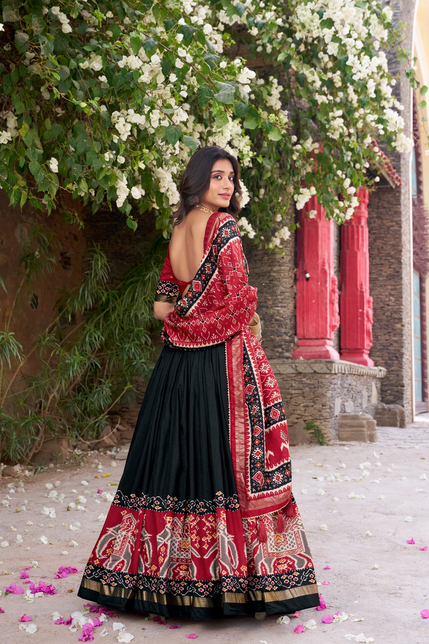 Black Color Patola Printed Tussar Silk Lehenga Choli