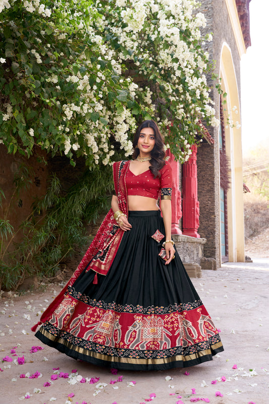 Black Color Patola Printed Tussar Silk Lehenga Choli