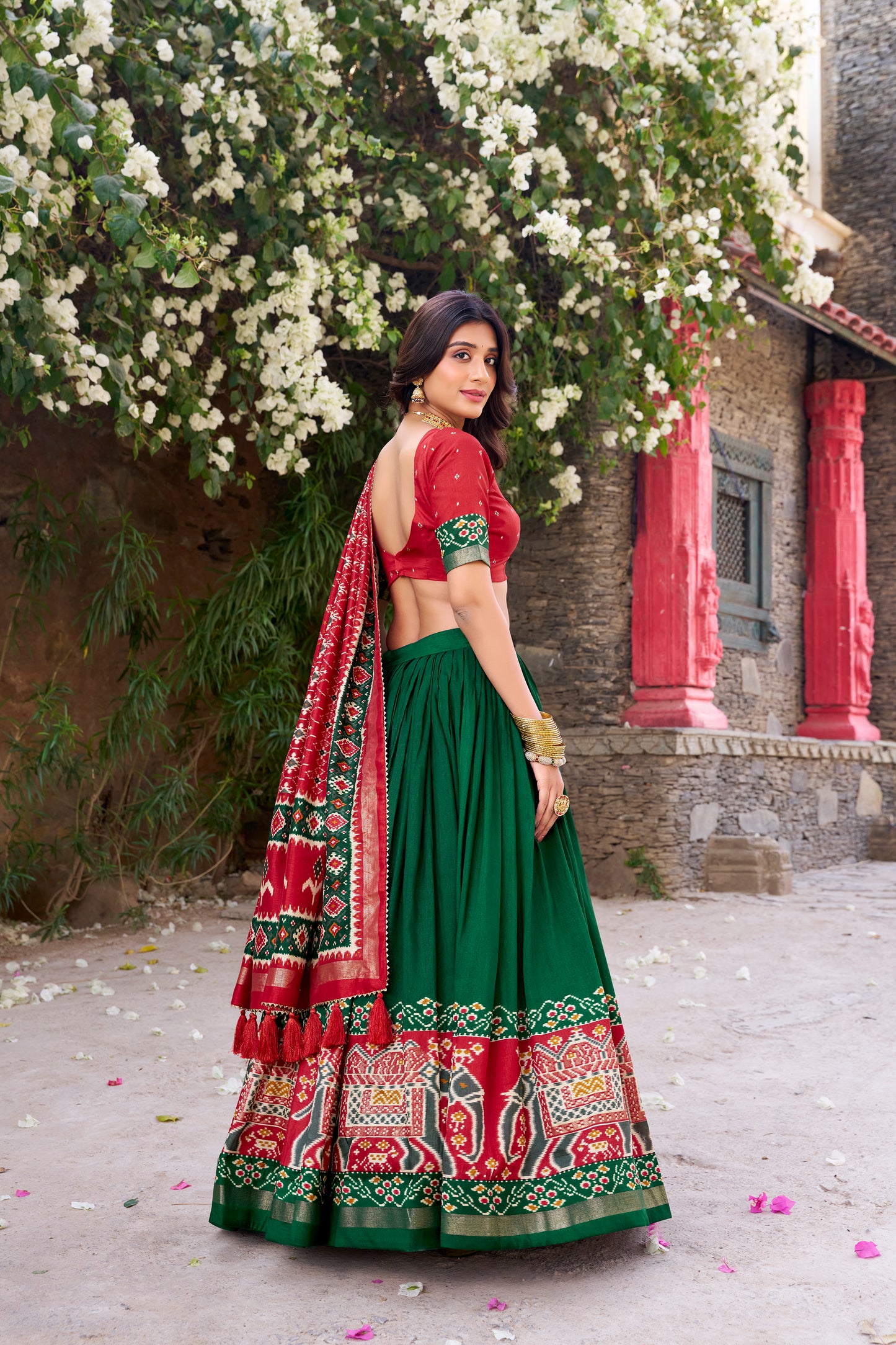 Green Color Patola Printed Tussar Silk Lehenga Choli