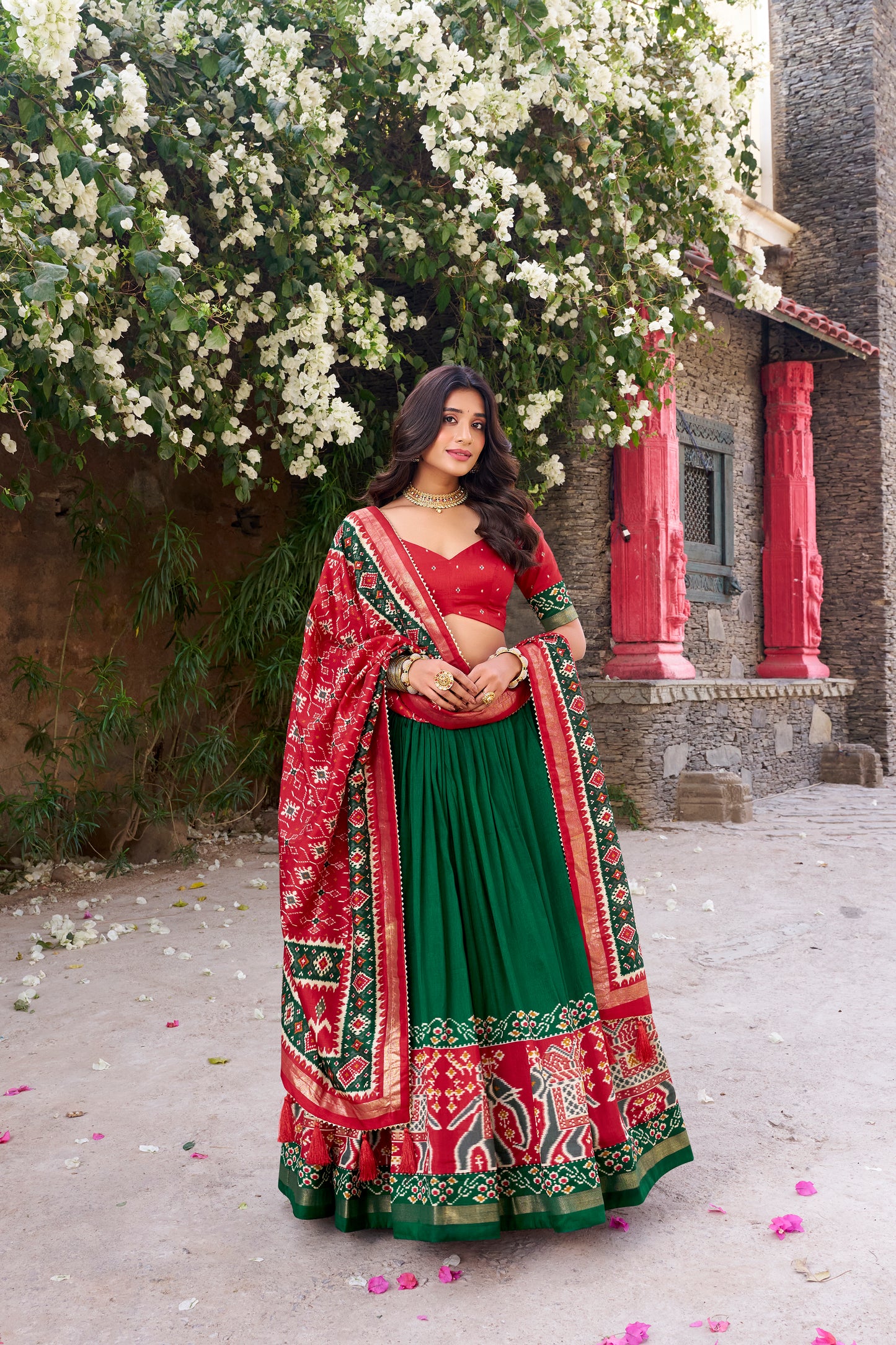 Green Color Patola Printed Tussar Silk Lehenga Choli