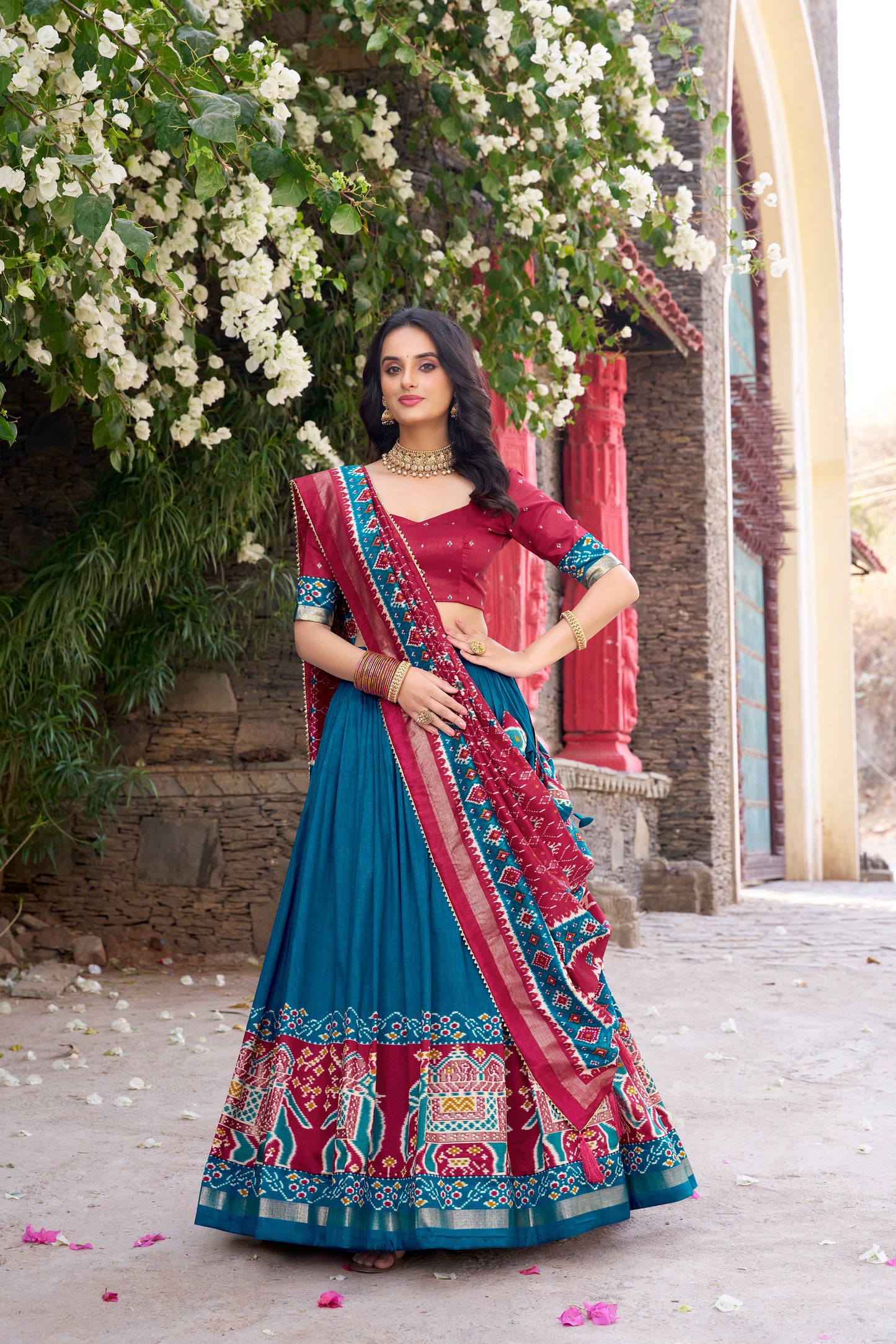 Teal Color Patola Printed Tussar Silk Lehenga Choli