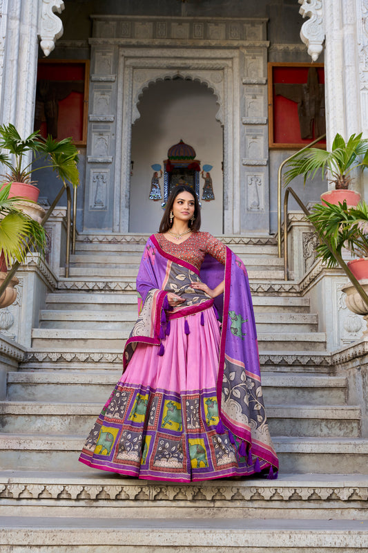 Peach Color Kalamkari With Foil Work Tussar Silk Lehenga Choli