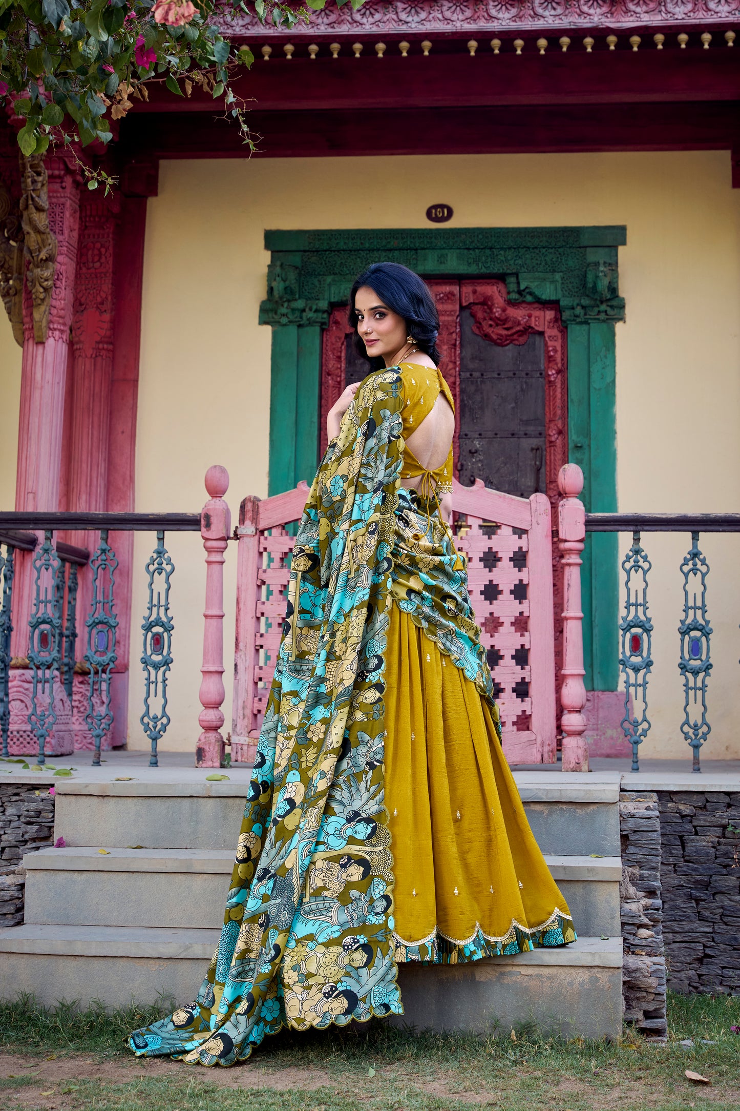 Mustard Color Sequins And Thread Embroidery Work Vichitra Silk Lehenga