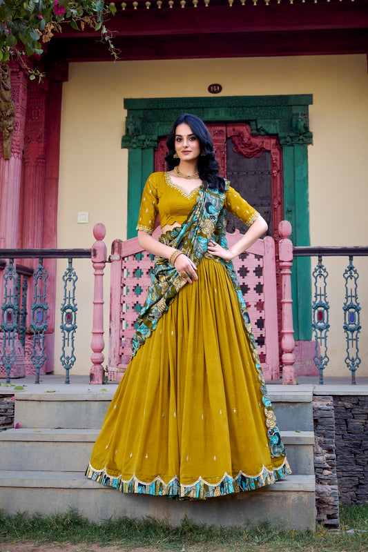 Mustard Color Sequins And Thread Embroidery Work Vichitra Silk Lehenga