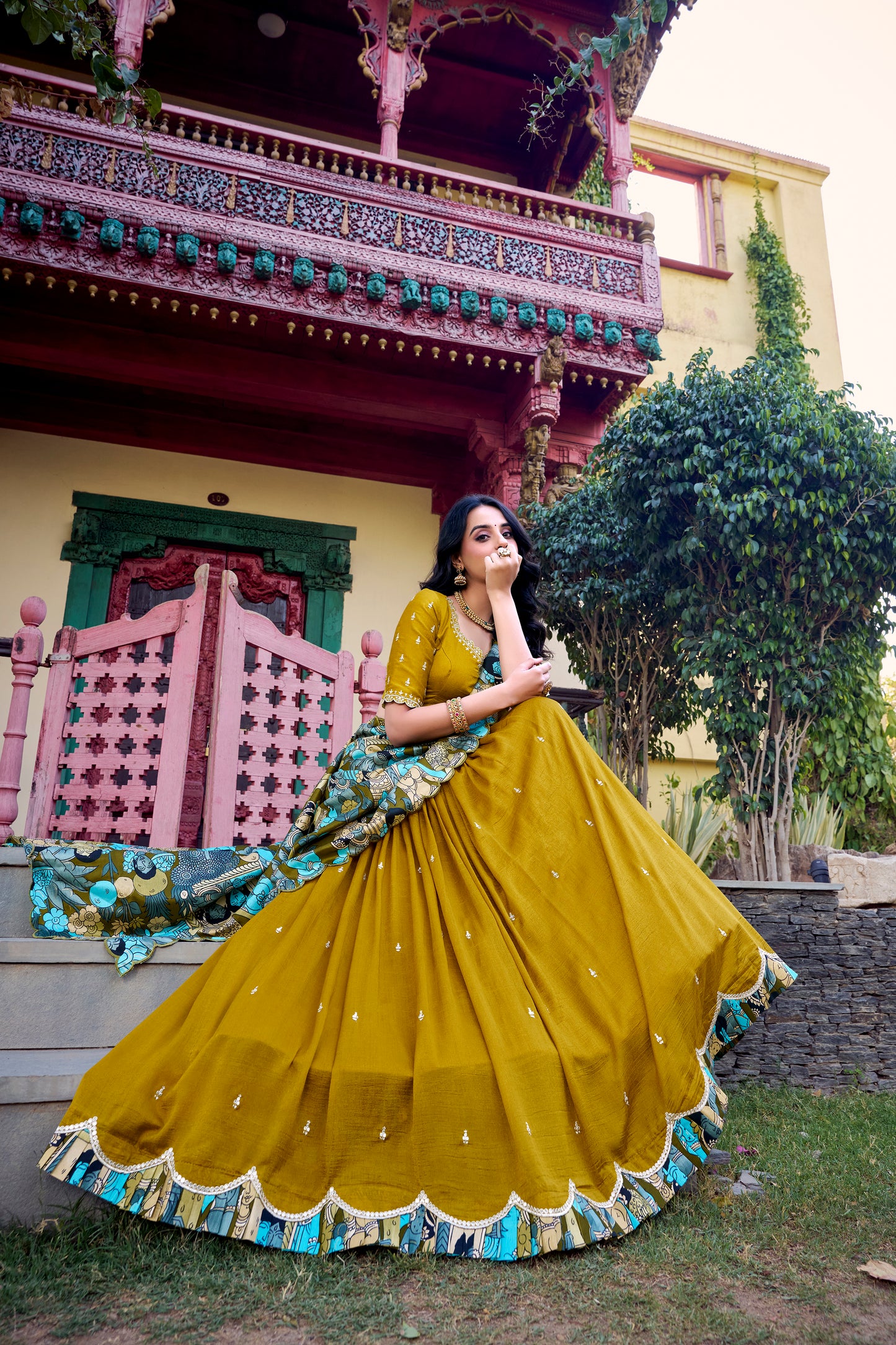 Mustard Color Sequins And Thread Embroidery Work Vichitra Silk Lehenga