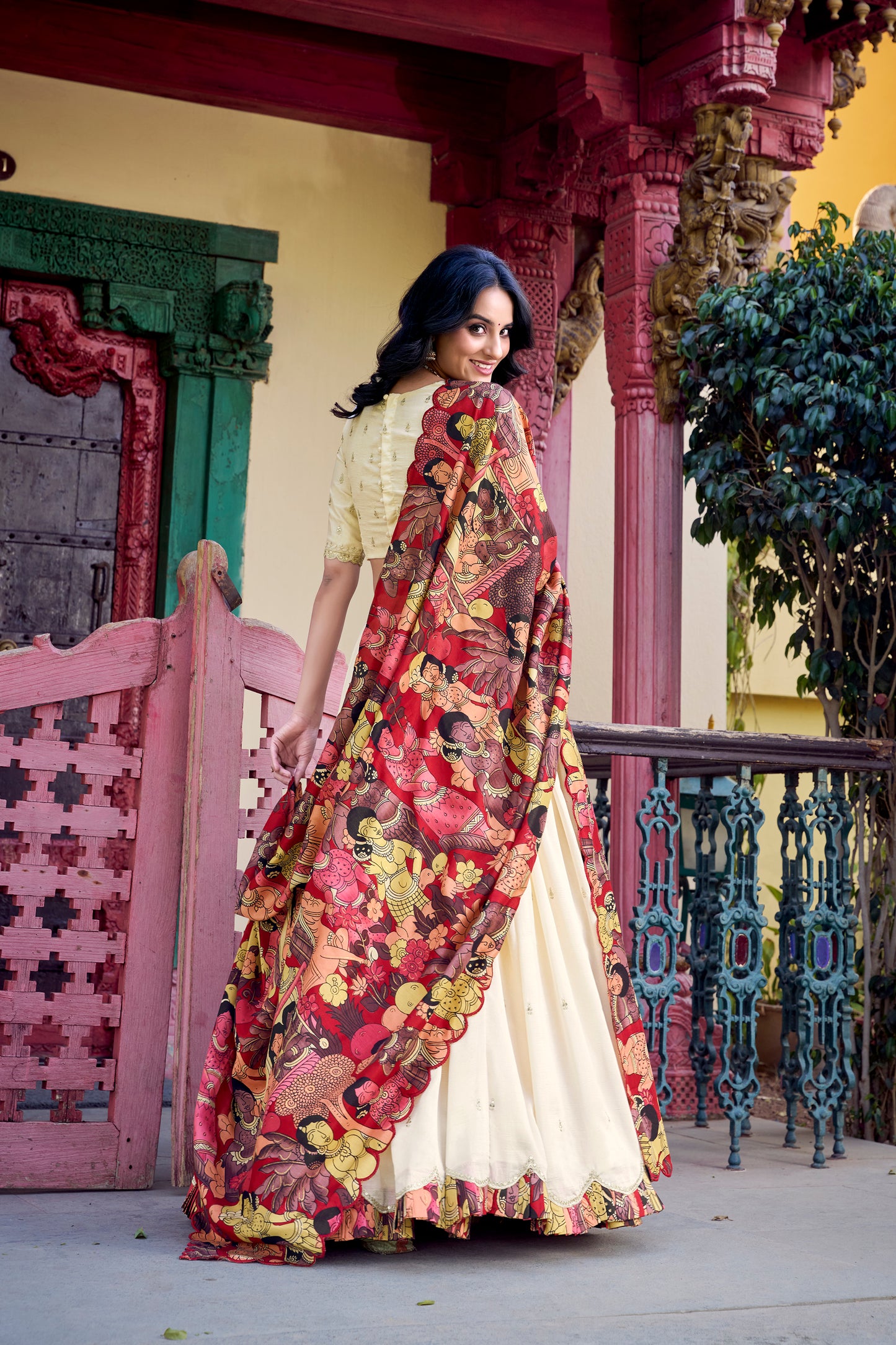 Off White Color Sequins And Thread Embroidery Work Vichitra Silk Lehenga
