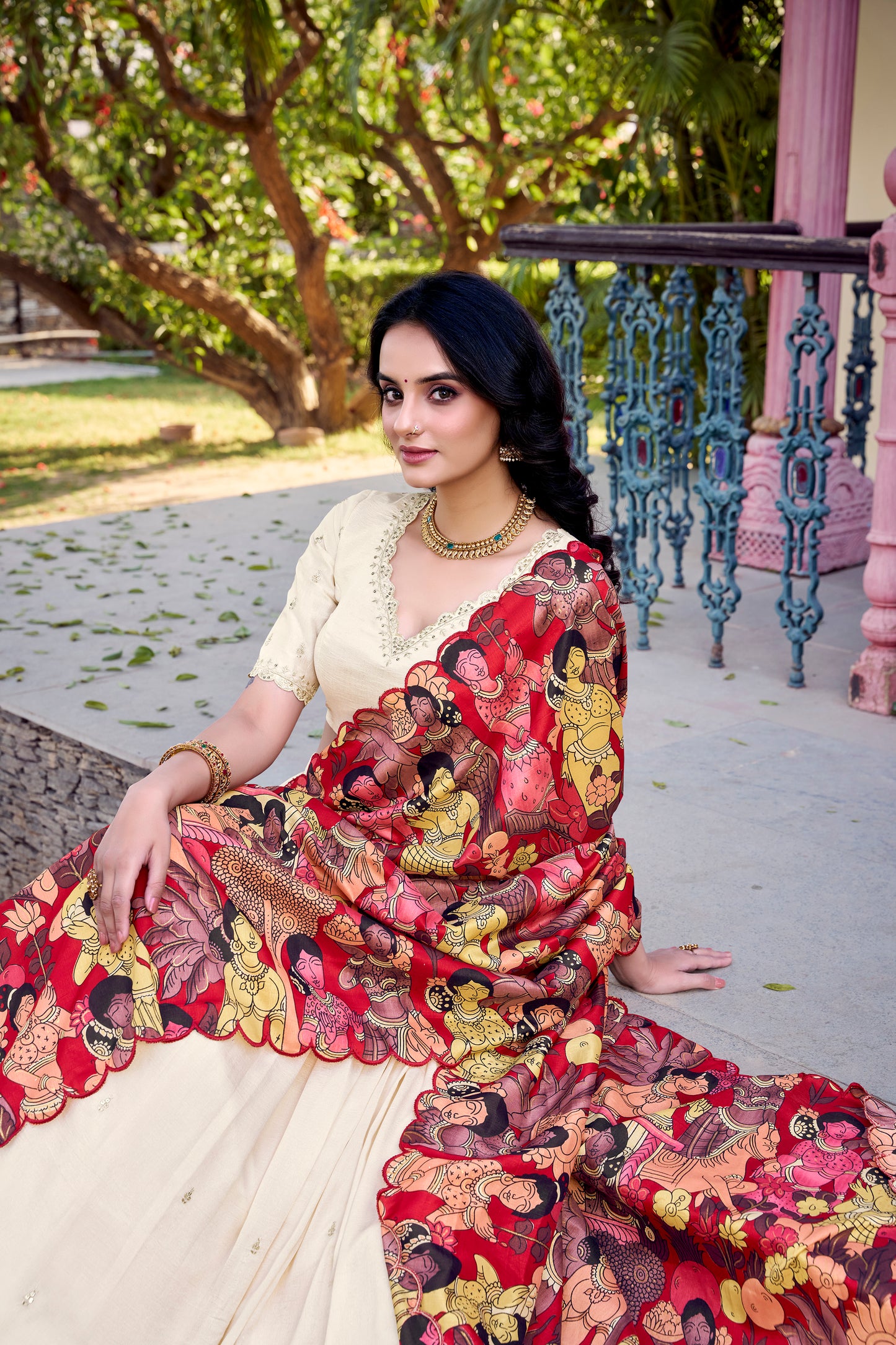 Off White Color Sequins And Thread Embroidery Work Vichitra Silk Lehenga