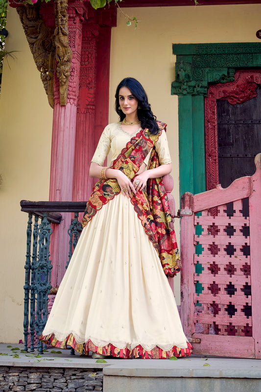 Off White Color Sequins And Thread Embroidery Work Vichitra Silk Lehenga