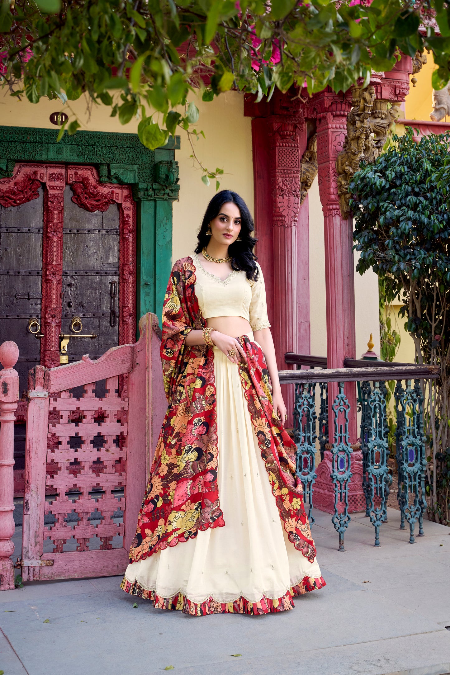 Off White Color Sequins And Thread Embroidery Work Vichitra Silk Lehenga