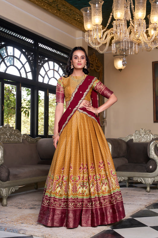 Mustard Color Printed With Zari Weaving Work Kanchipuram Lehenga Choli