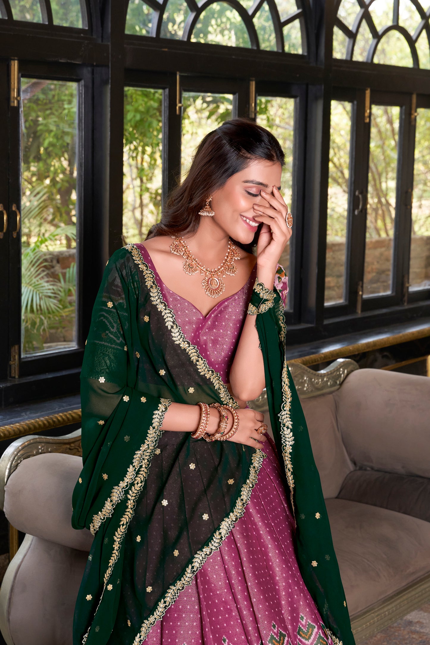 Pink Color Printed With Zari Weaving Work Kanchipuram Lehenga Choli