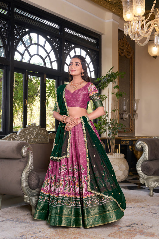 Pink Color Printed With Zari Weaving Work Kanchipuram Lehenga Choli