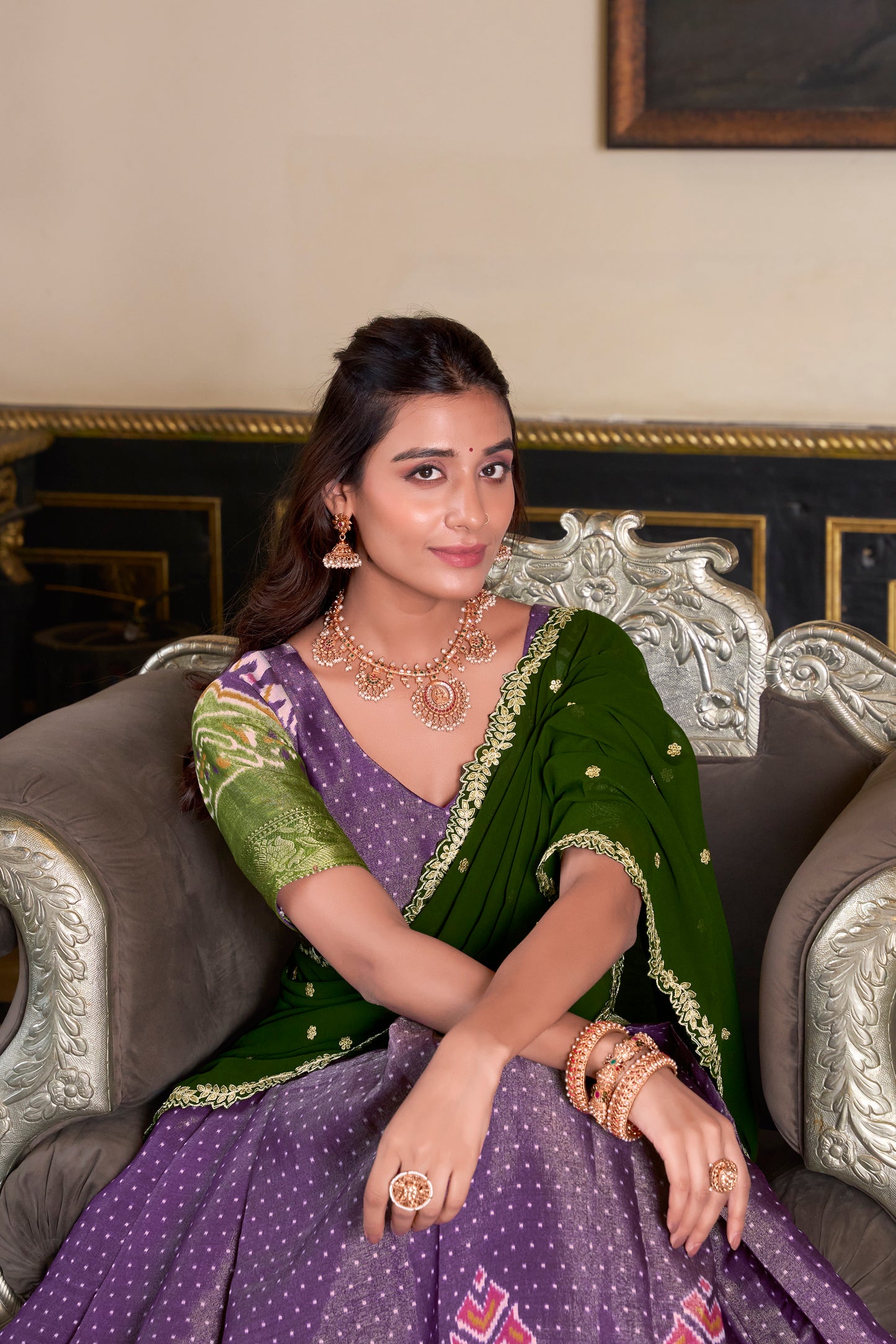 Purple Color Printed With Zari Weaving Work Kanchipuram Lehenga Choli