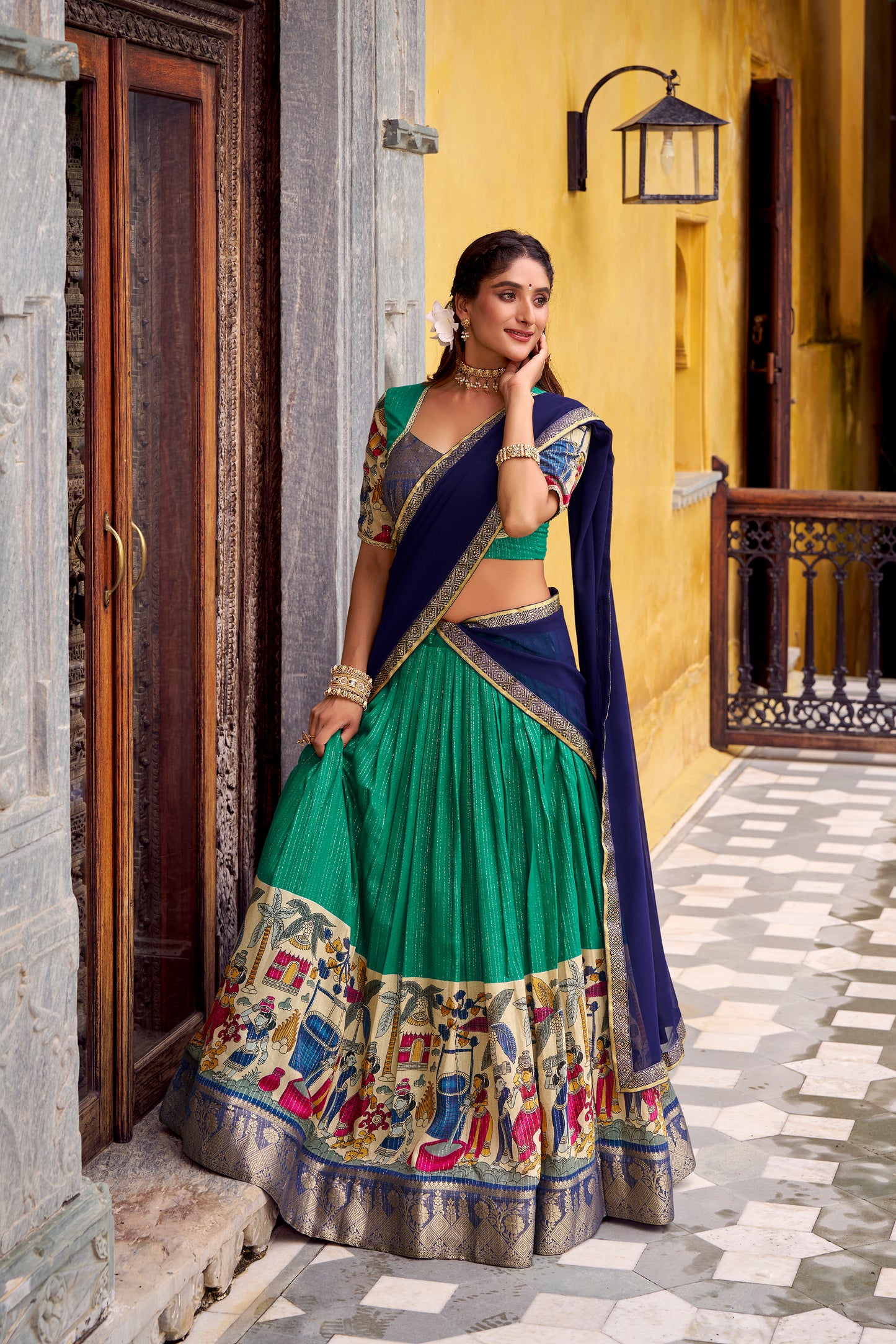 Bottle Green Color Kalamkari Print With Zari Weaving Work Poly Chanderi Lehenga Choli