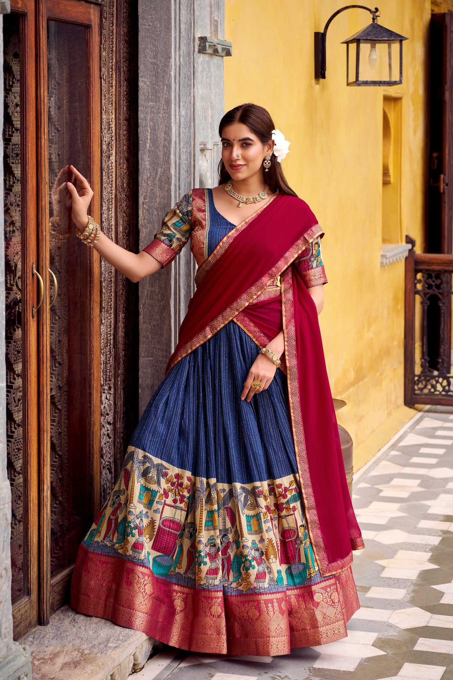 Navy Blue Color Kalamkari Print With Zari Weaving Work Poly Chanderi Lehenga Choli