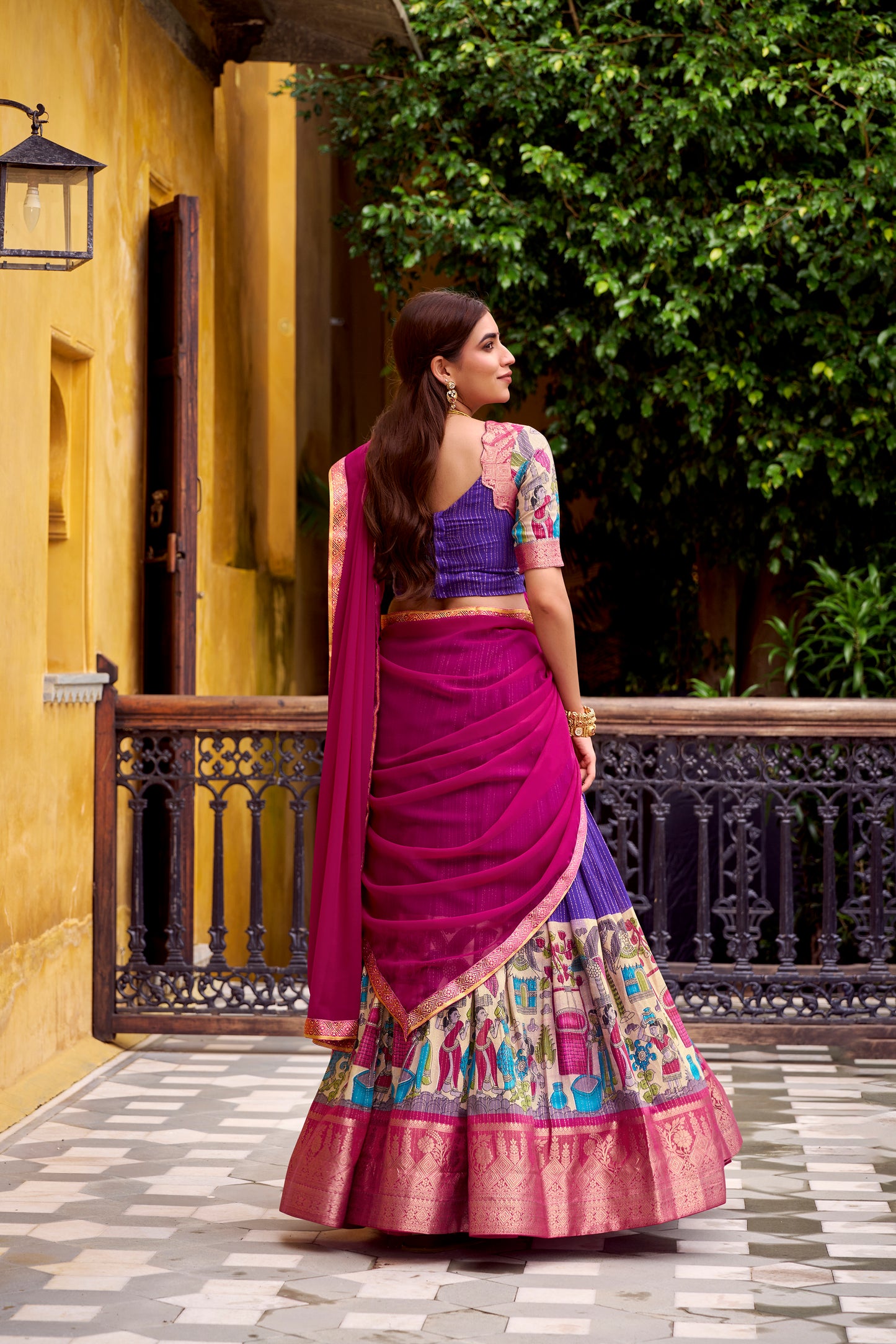 Purple Color Kalamkari Print With Zari Weaving Work Poly Chanderi Lehenga Choli