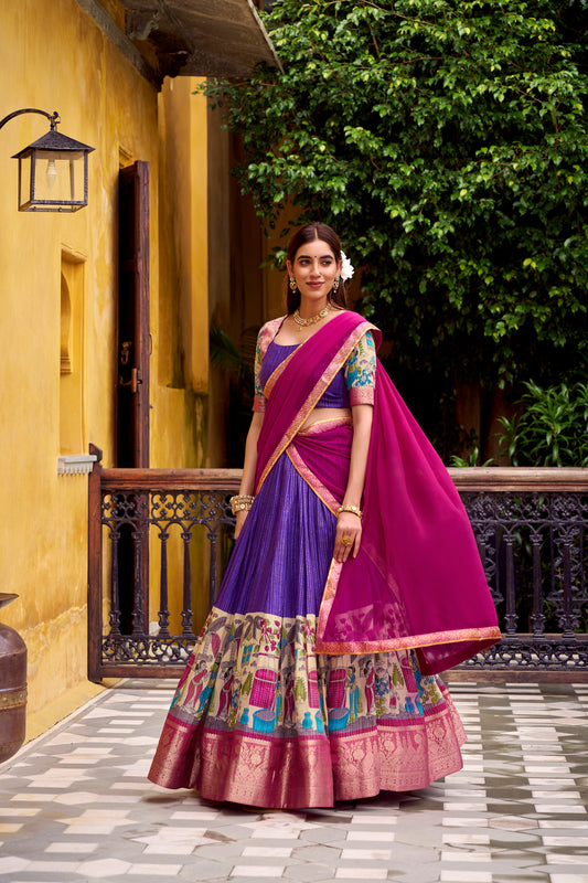 Purple Color Kalamkari Print With Zari Weaving Work Poly Chanderi Lehenga Choli