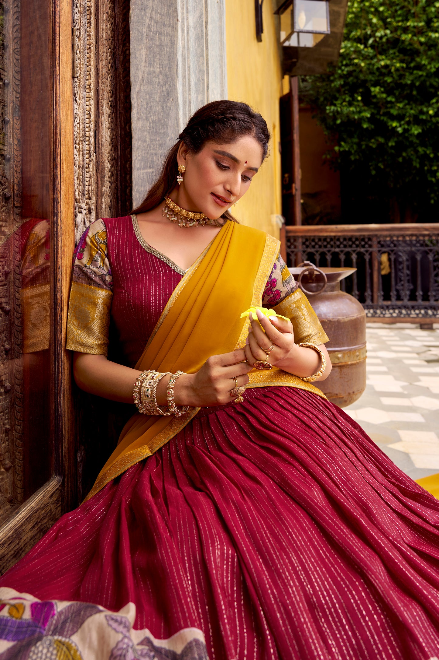 Red Color Kalamkari Print With Zari Weaving Work Poly Chanderi Lehenga Choli