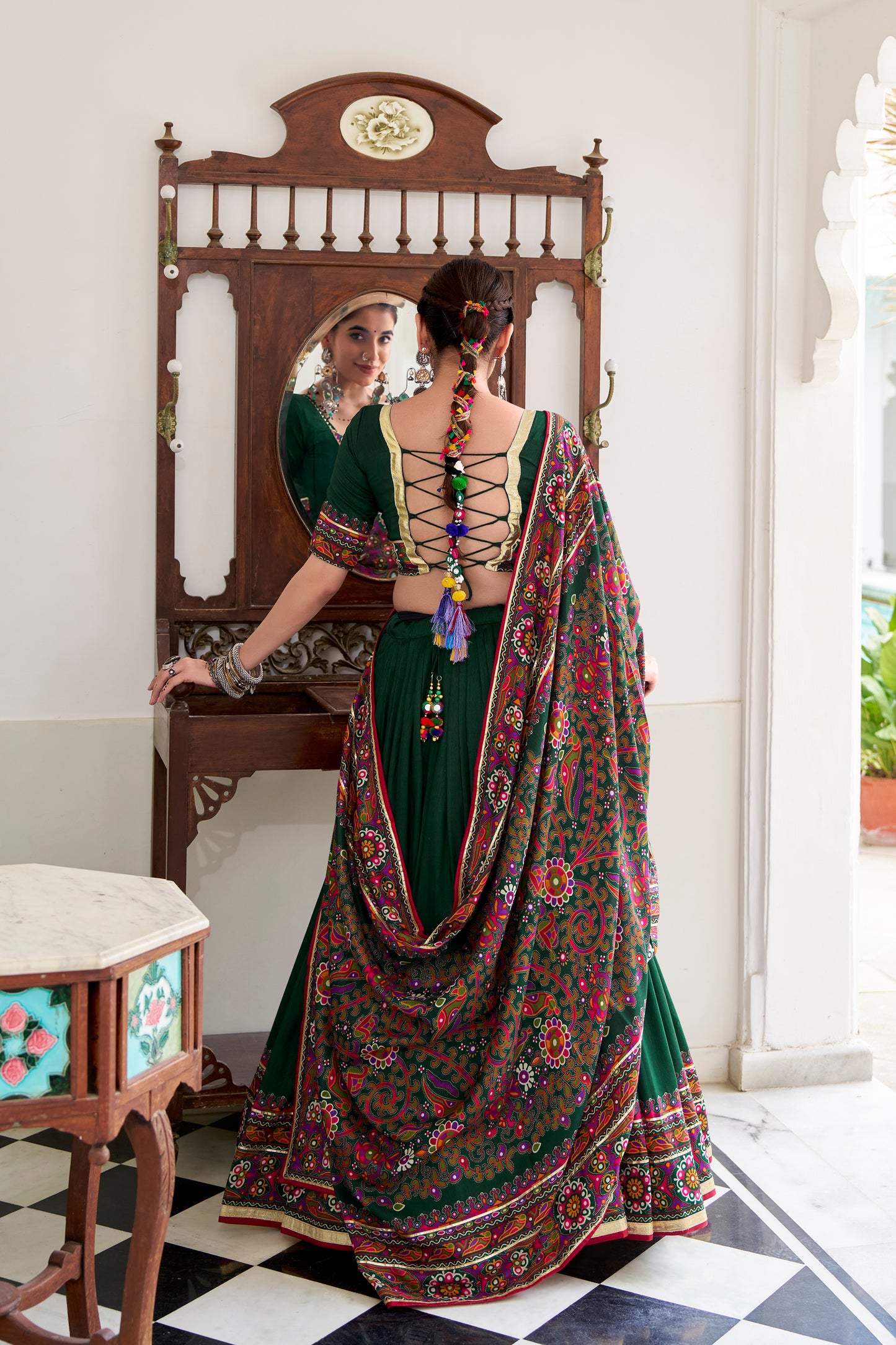 Green Color Gamthi Print And Embossed Design Tussar Silk Lehenga Choli