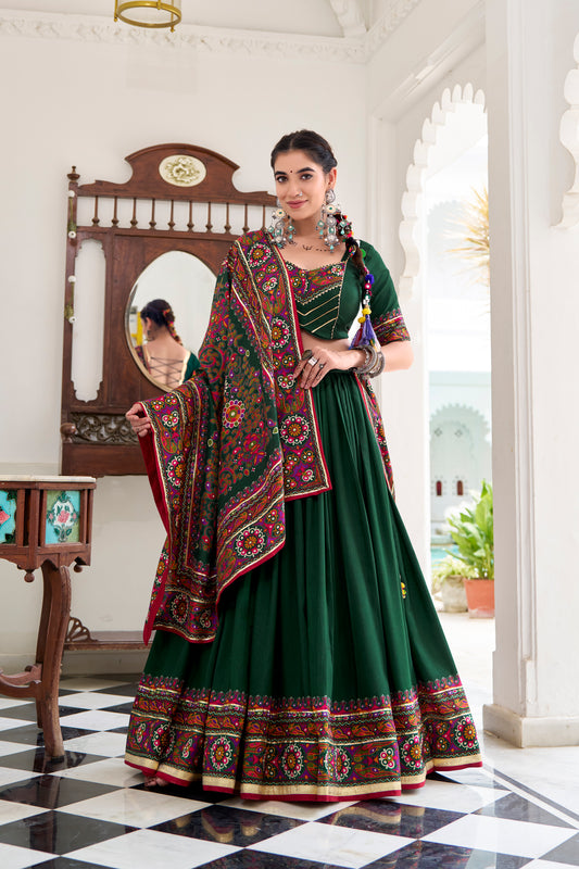 Green Color Gamthi Print And Embossed Design Tussar Silk Lehenga Choli