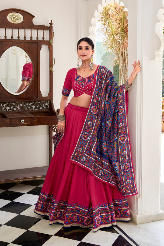 Pink Color Gamthi Print And Embossed Design Tussar Silk Lehenga Choli