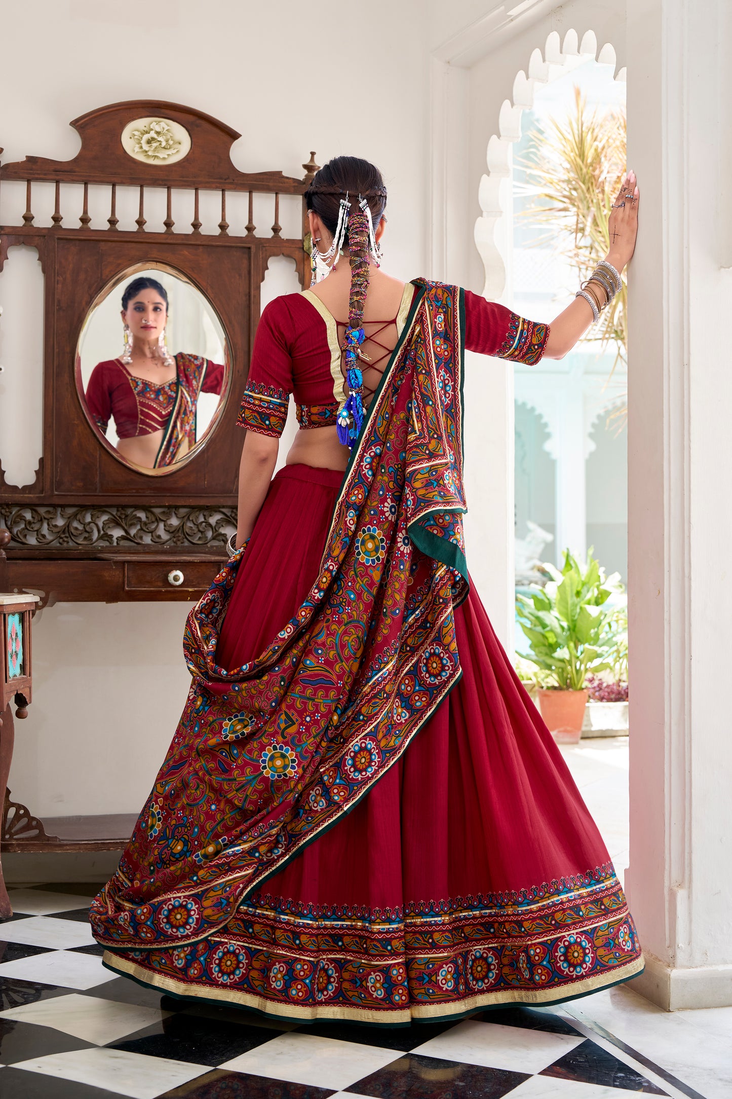 Red Color Gamthi Print And Embossed Design Tussar Silk Lehenga Choli