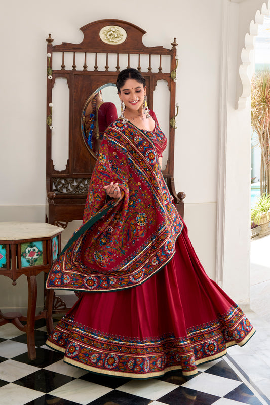 Red Color Gamthi Print And Embossed Design Tussar Silk Lehenga Choli