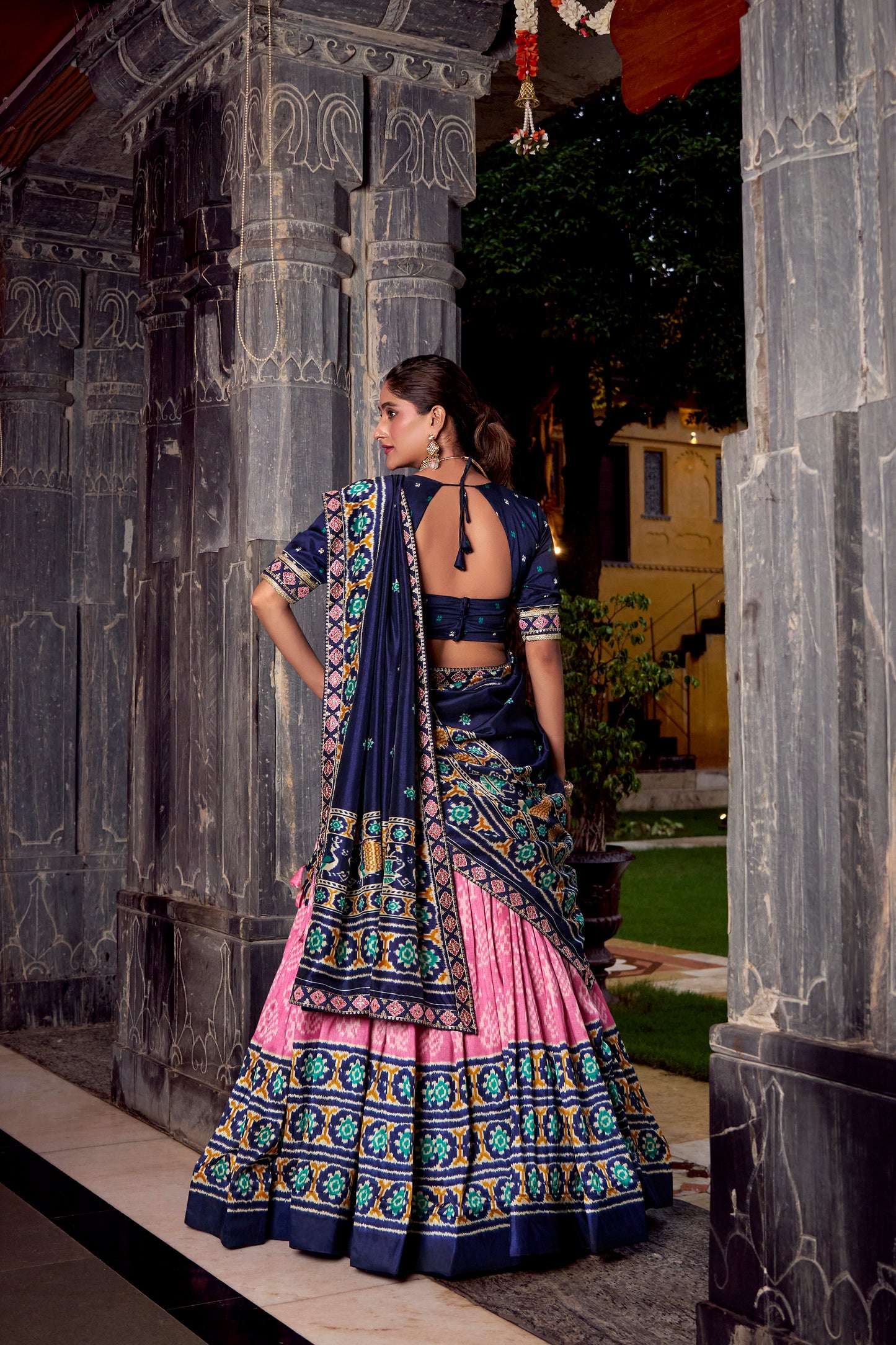 Light Pink Color Ikkat Patola Printed Tasar Silk Lehenga Choli